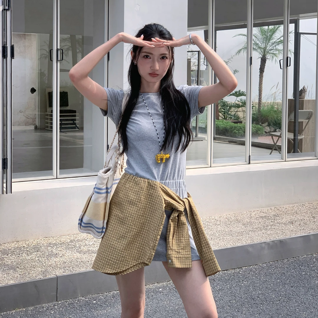 Moprobably李予诺「格带裙」衬衫装饰绑带叠穿短袖连衣裙L5252017