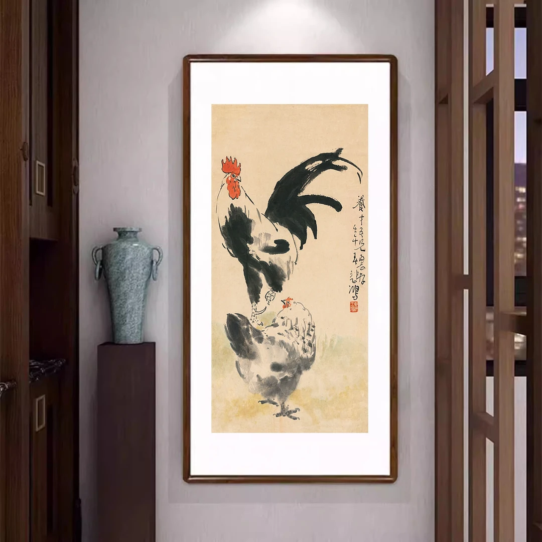 公鸡母鸡挂画新中式客厅正对门玄关装饰画餐厅背景墙寓意好的壁画