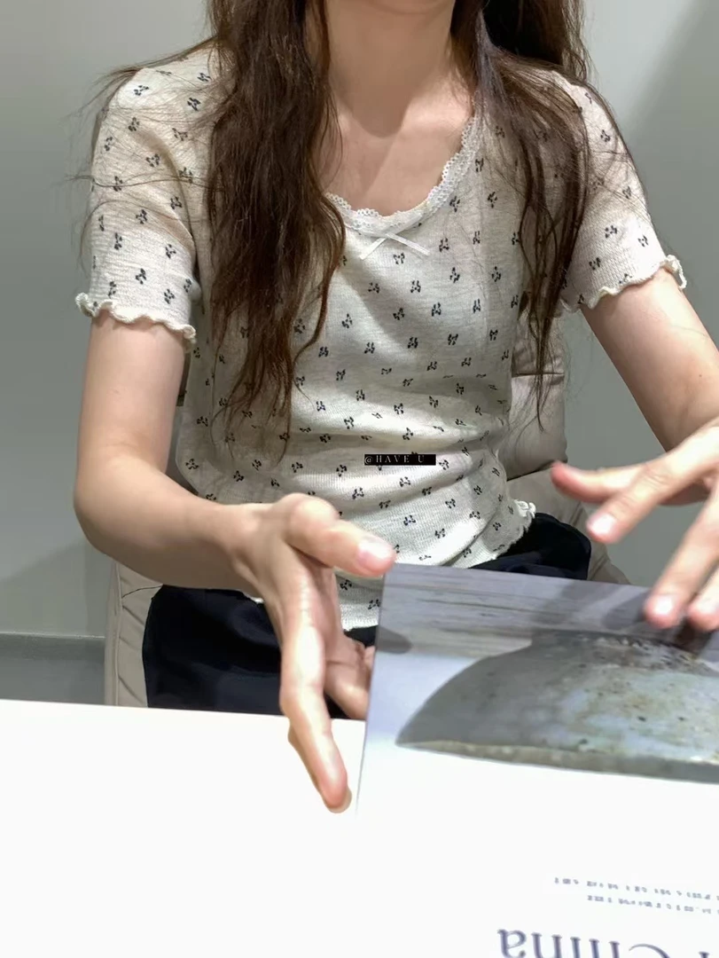 HAVE U甜美碎花蝴蝶结木耳边飞袖T恤女蝴蝶结蕾丝边百搭显瘦上衣