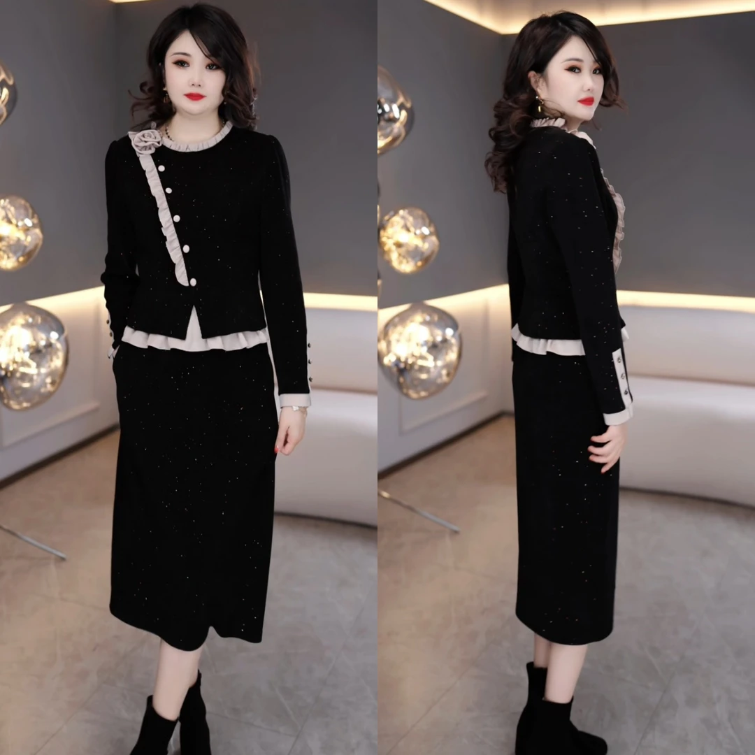 2024年冬季时尚洋气收腰遮肚显瘦加厚中长款假两件连衣裙M-4XL