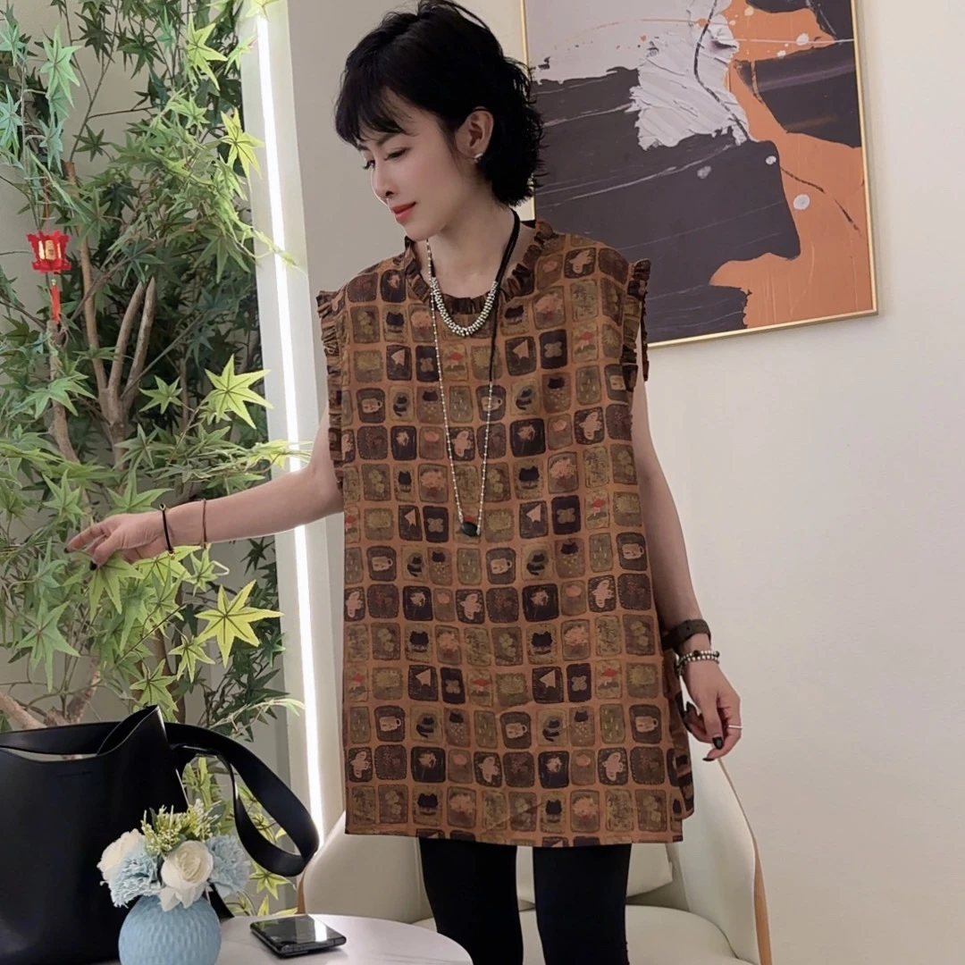 【芬芬姐精选】夏季复古无袖圆领坎肩百搭连衬衫时尚印花网红