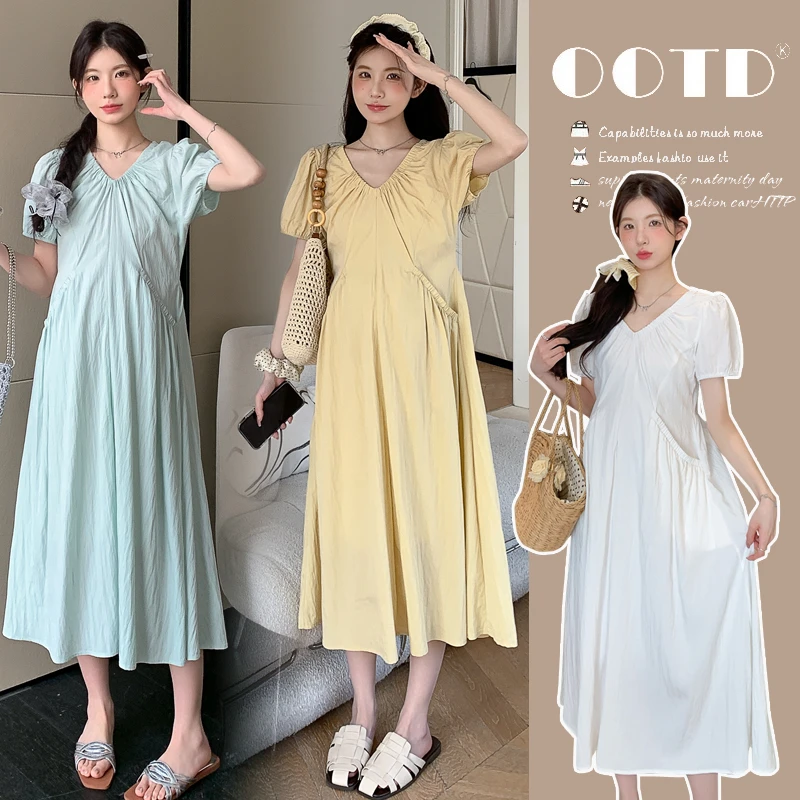 2025夏季孕妇新款法式时尚设计感V领显瘦温柔泡泡袖长款连衣裙
