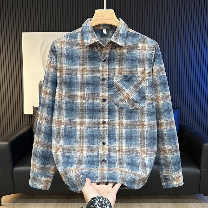 春秋季复古格子长袖衬衫男宽松休闲痞帅潮流日系翻领男装衬衣外套