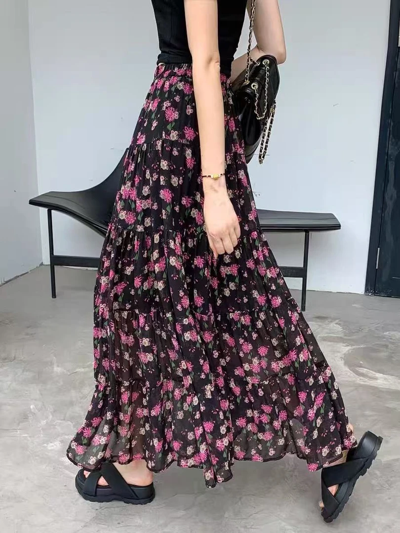 （有口袋）夏季新款碎花显瘦高腰中长款气质温柔风甜美度假半身裙