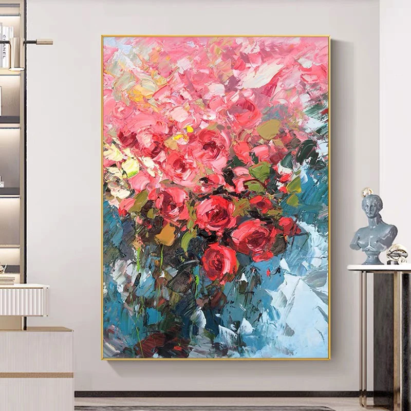 手绘油画玫瑰花玄关客厅走廊装饰画大气立体凹凸肌理画