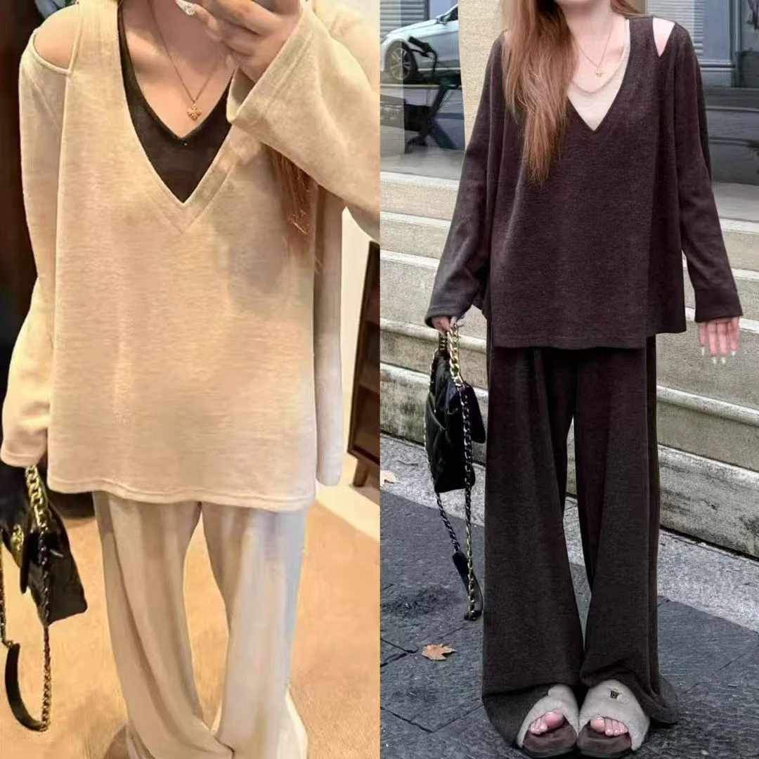 南岛风特大码女装2025秋胖mm显瘦V领拼接上衣裤子网红套装