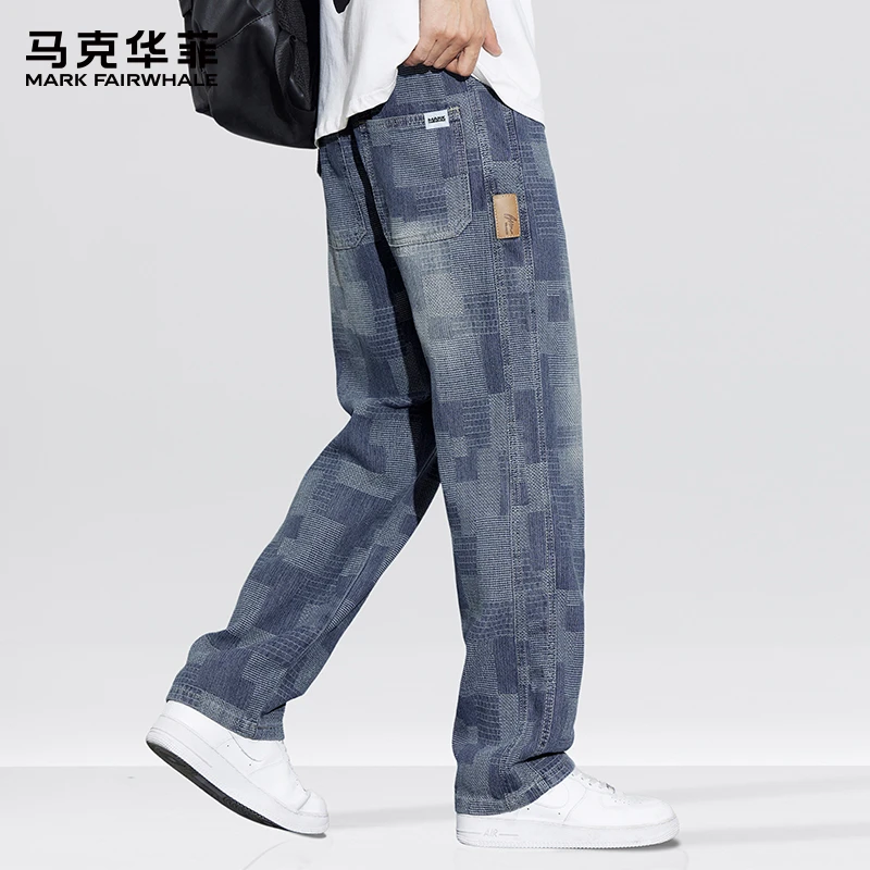 马克华菲星空纹牛仔裤男士秋季新款宽松直筒棋盘格美式休闲男裤子