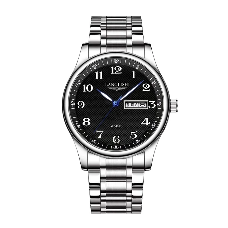 【云仓直发】男士经典黑盘数字钢带双日历夜光手表潮商务腕表LS023