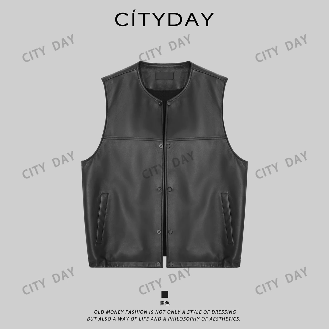 City Day 【灰叔】绵羊皮 中式宽松无袖坎肩马甲外套 990115