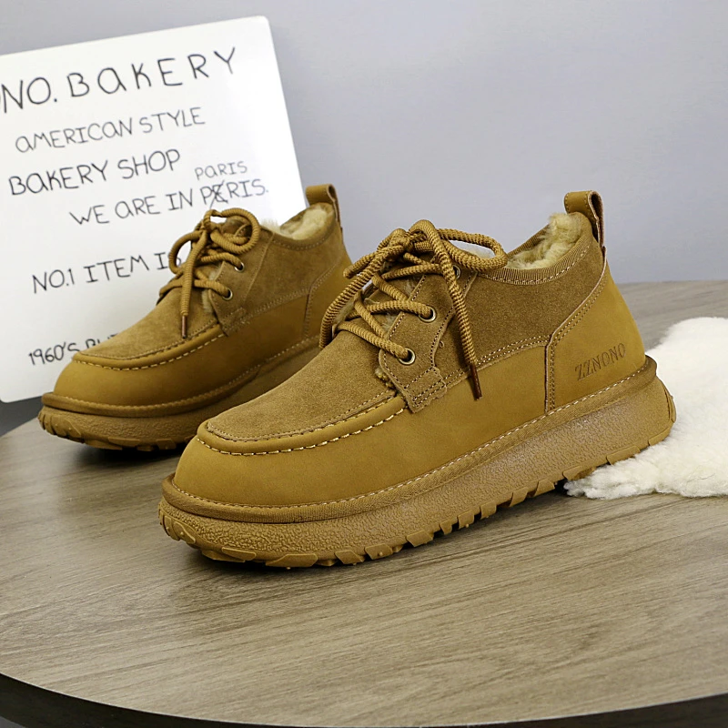 7698 内里全羊毛！系带厚底防滑雪地靴男皮毛一体加绒保暖东北棉鞋