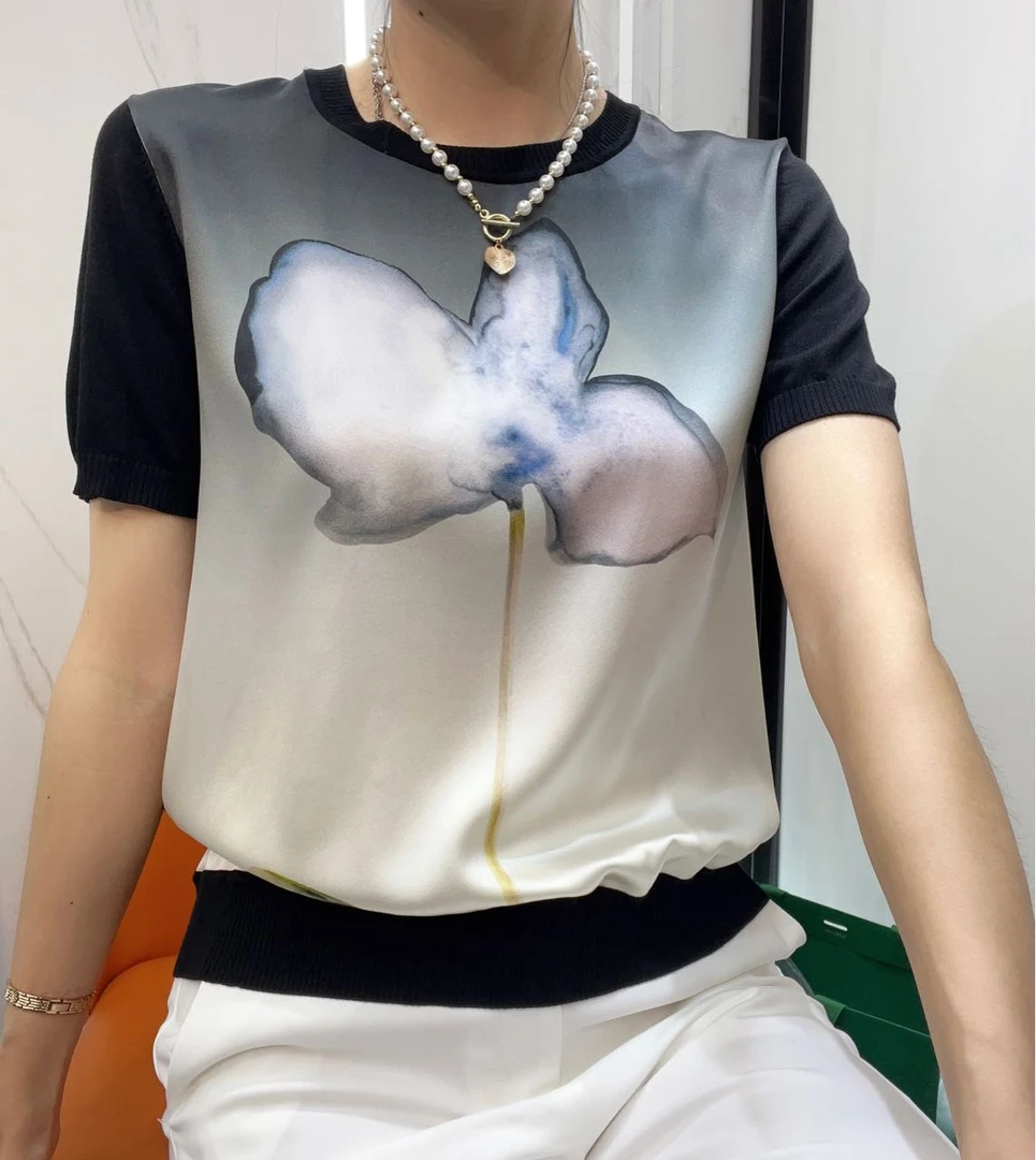 【幻彩玉兰】2025春夏ss 23847桑蚕丝休闲时尚印花显瘦气质圆领上衣