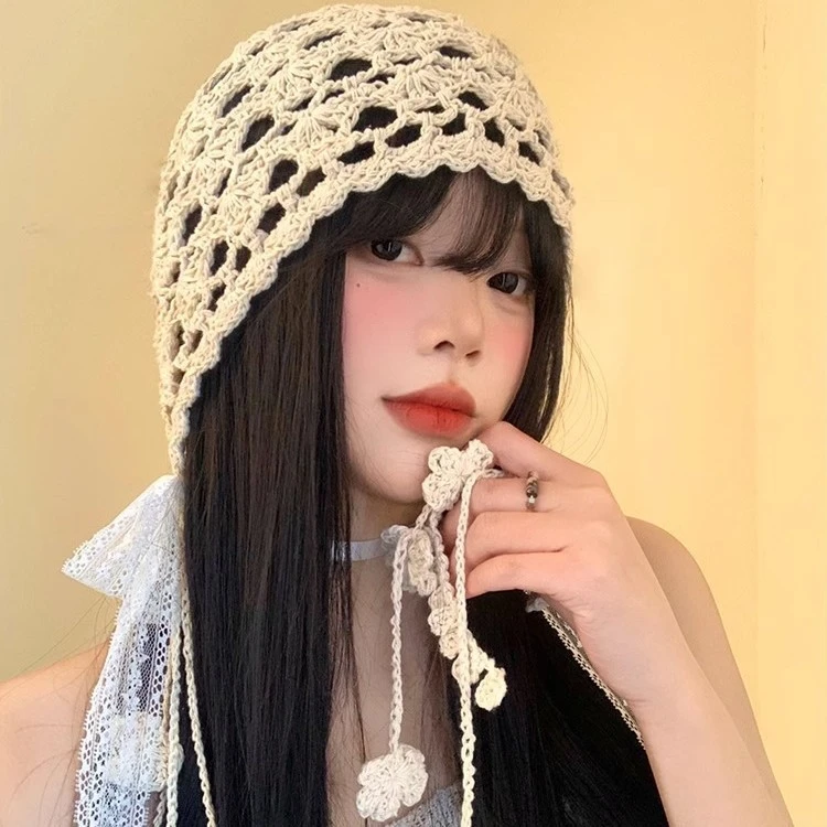 复古文艺显脸小民族风镂空蕾丝流苏包头帽子女春夏薄款针织套头帽
