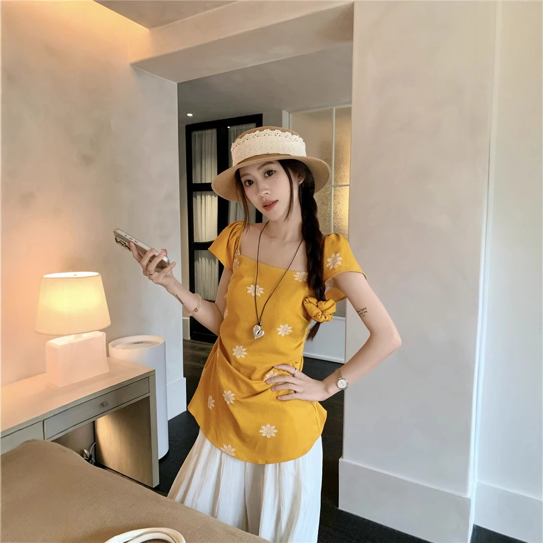 实拍 复古度假风刺绣小飞飞袖收腰小衫高腰阔腿休闲裤女夏季新款