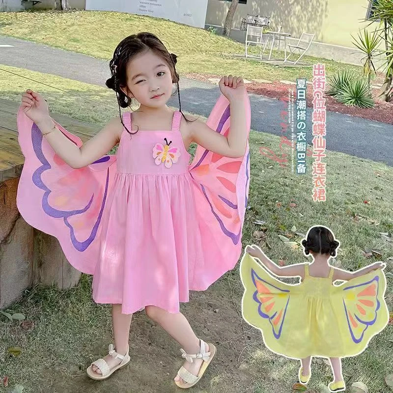 夏季新款女童蝴蝶翅膀背心连衣裙儿童爆款吊带裙宝宝洋气棉布裙子