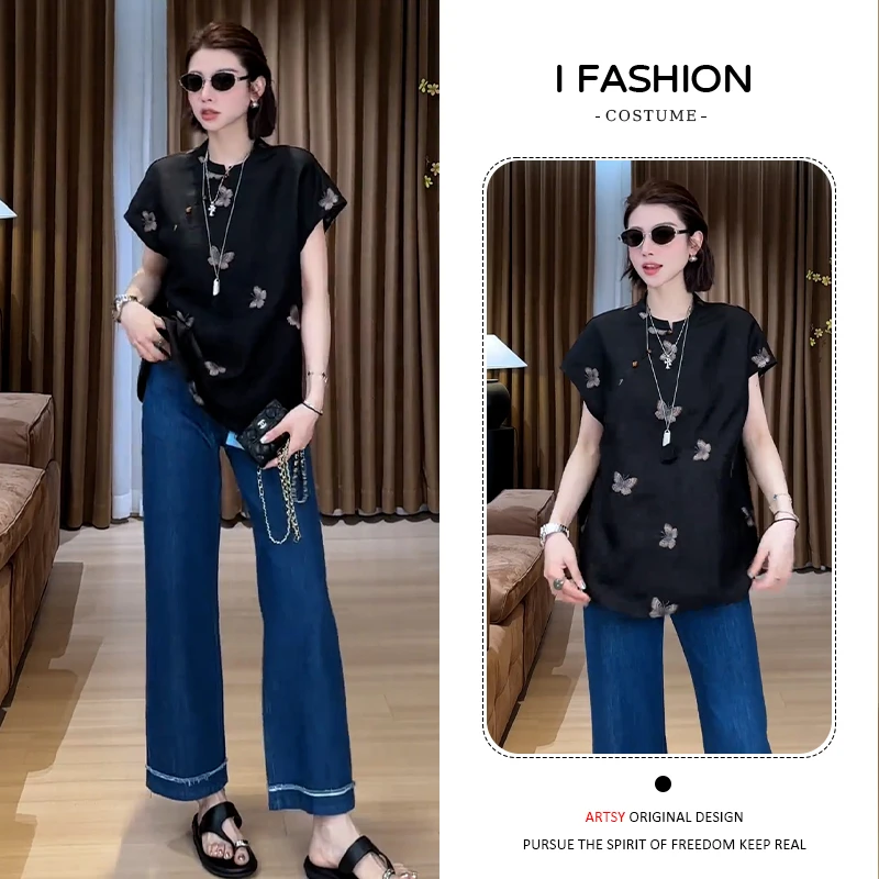 时尚中式洋气百搭短袖衬衫女2025年夏季蝴蝶小个子慵懒风气质上衣