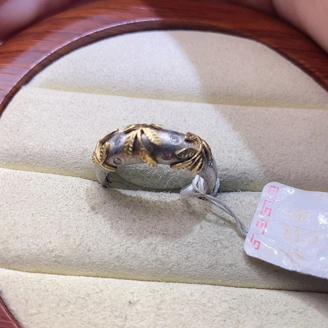 钻石戒指/指环18K金镶嵌黄白拼色树叶拉丝戒指14