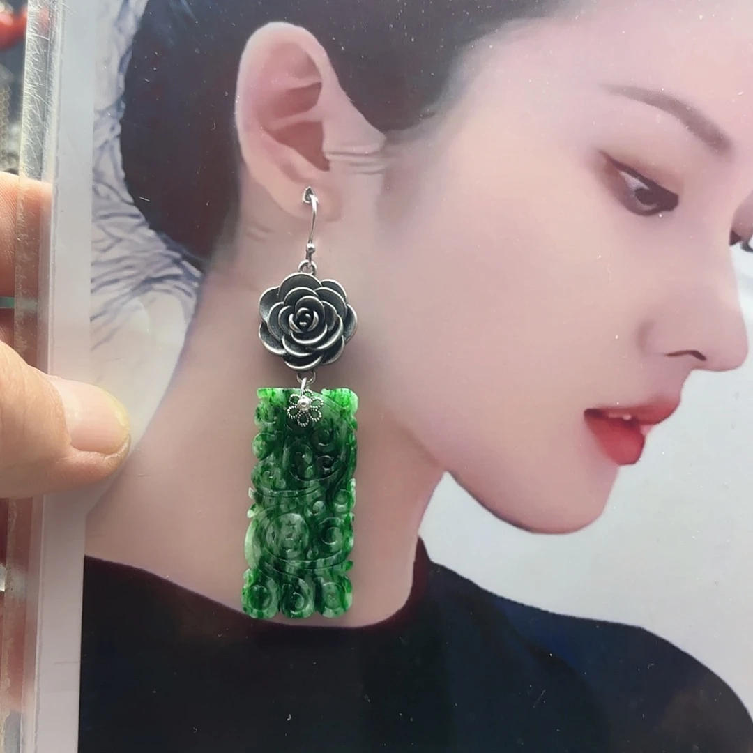 翡翠耳饰银S925镶嵌亿*