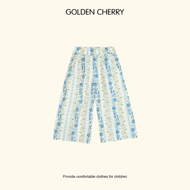 【金樱桃Golden cherry】小童蓝色碎花竖条纹阔腿休闲裤qdd608