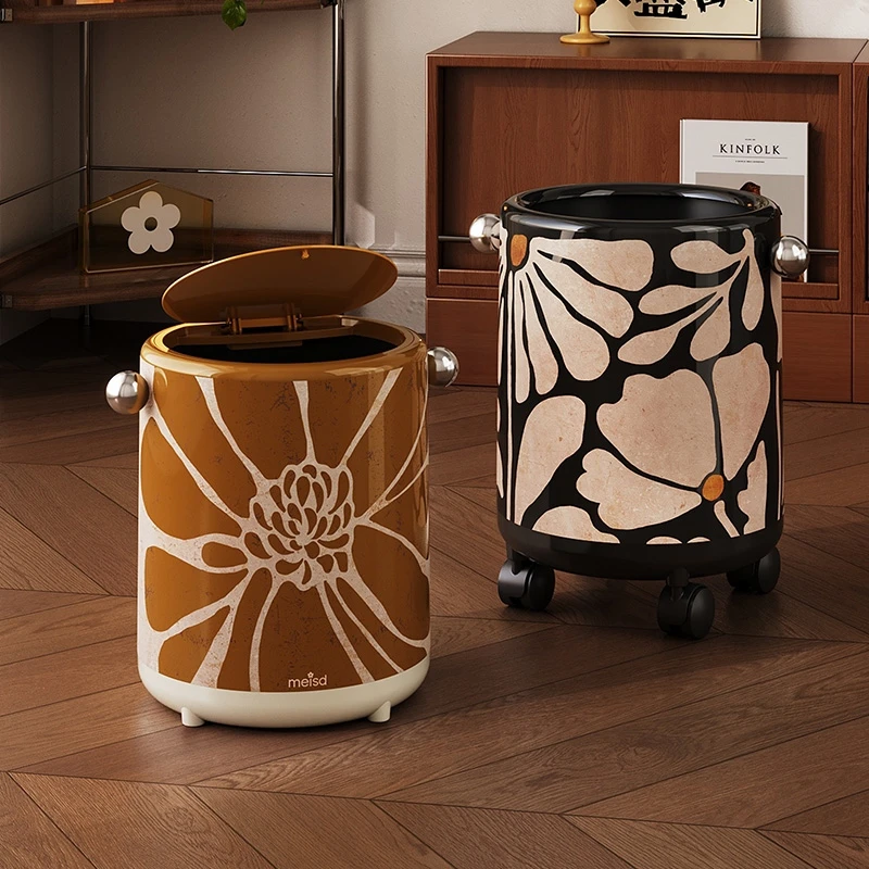 美世达中古风垃圾桶家用客厅轻奢高档2025新款可移动高颜值卫生桶