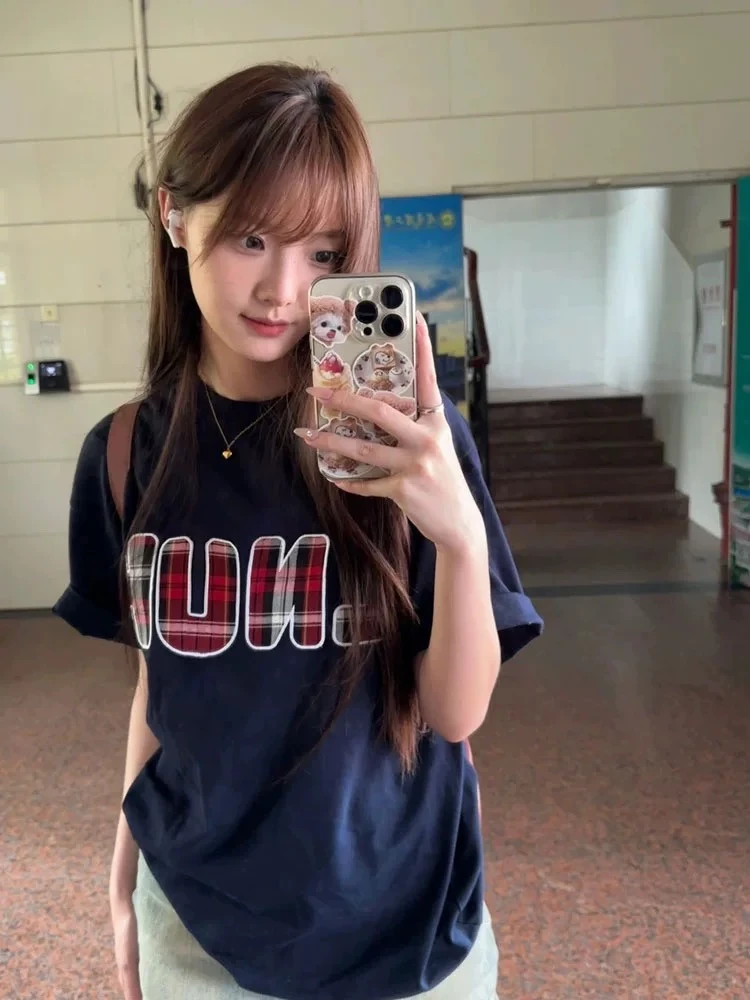 美式复古纯棉短袖t恤女潮牌小众设计感字母印花宽松显瘦半袖上衣