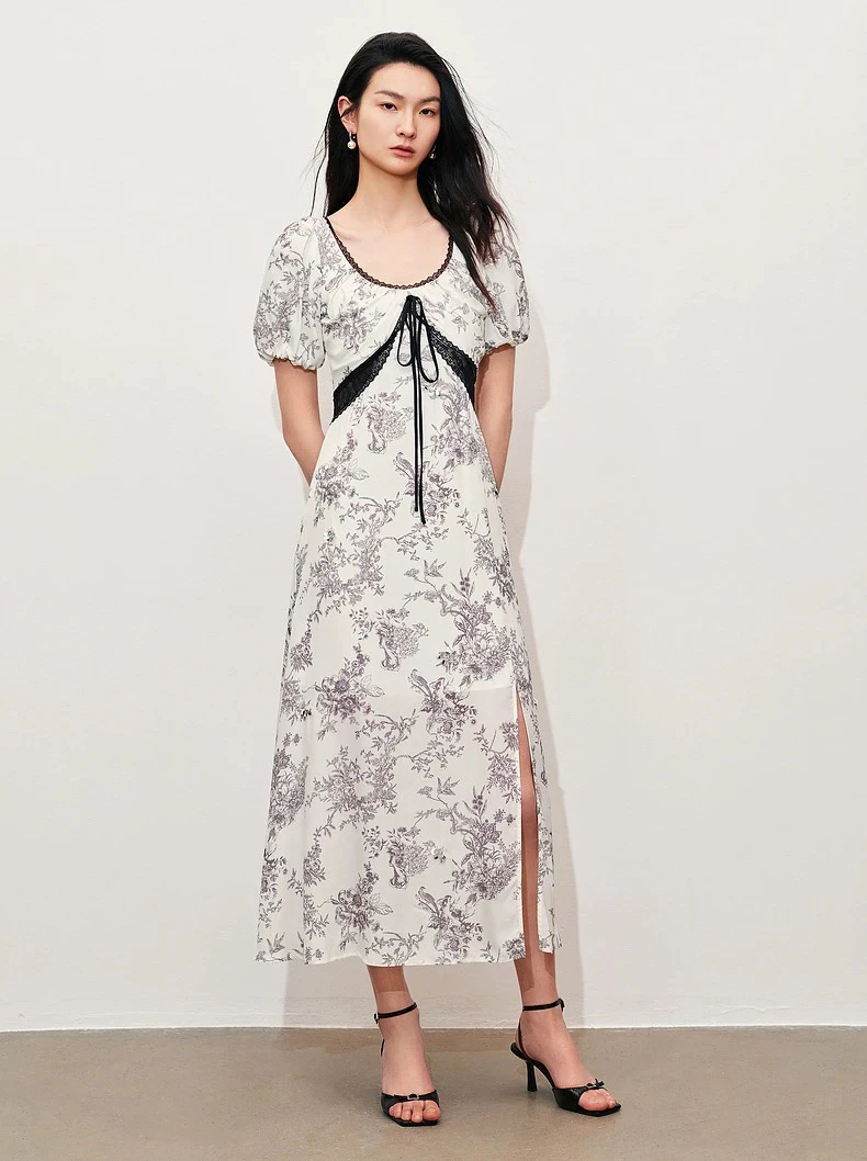 MAXRIENY国风手绘复古色蕾丝装饰桑蚕丝连衣裙