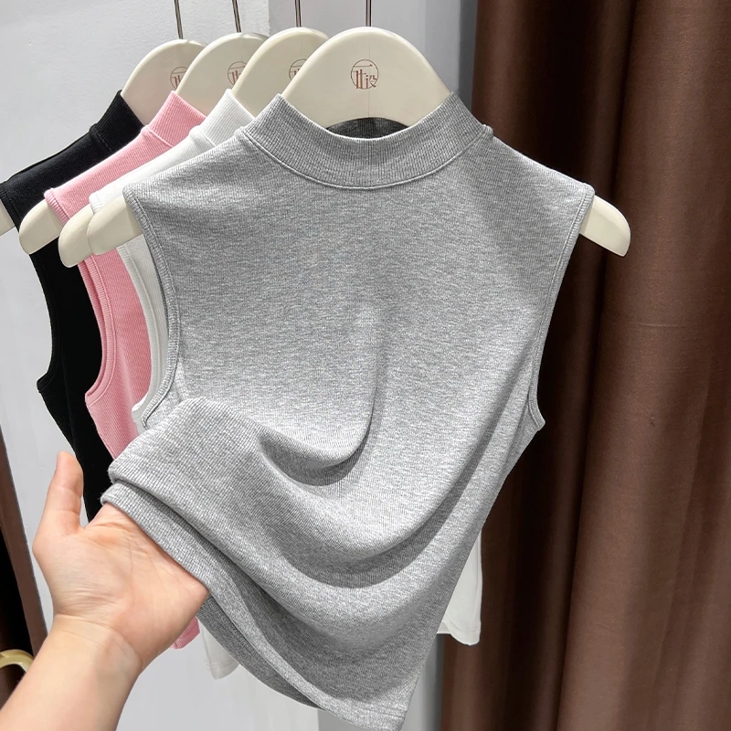 灰色半高领无袖吊带背心女爆款2025新款夏季修身外穿性感纯欲上衣
