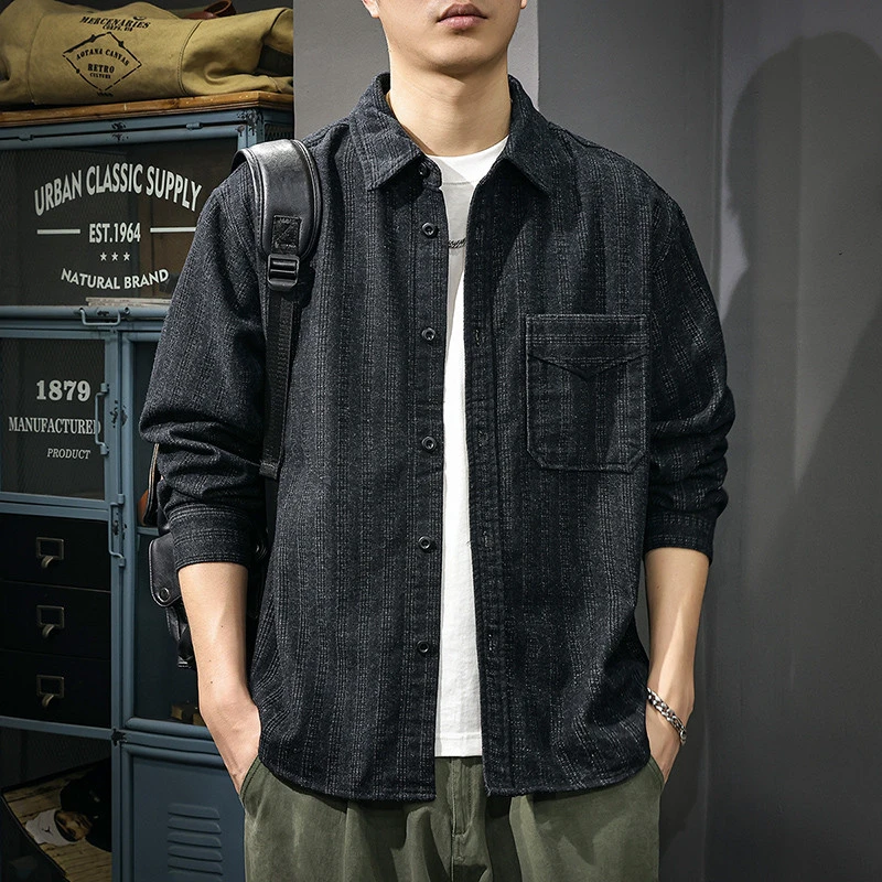 高端美式复古提花牛仔衬衫男宽松大码春秋新款条纹水洗夹克外套潮