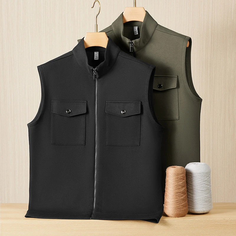 大码男士春秋宽松爸爸中老年马夹中年无袖休闲立领工装小马甲背心