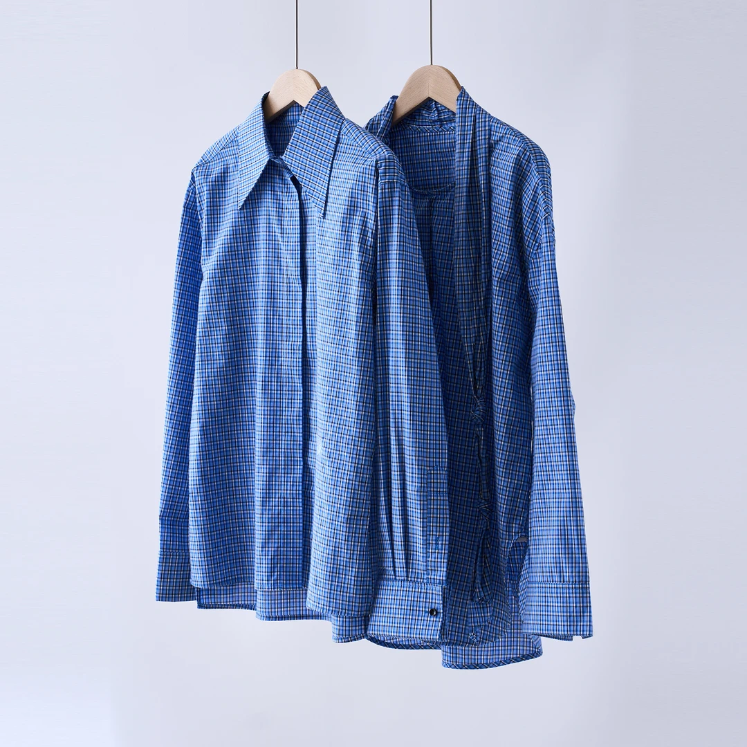 【YS10966】高圆圆同款2025春季新款蓝白格纹飘带领立领法式衬衫