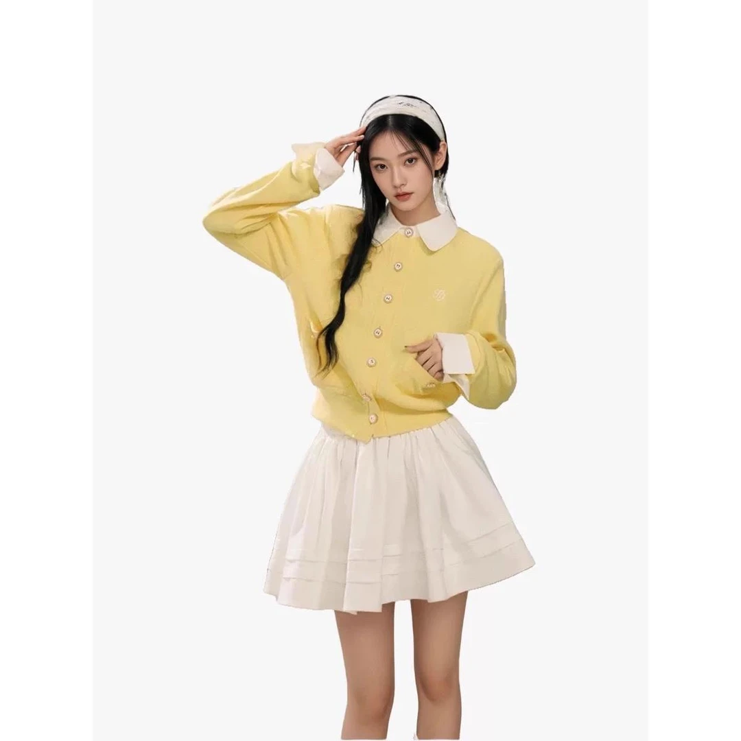 撞色拼接假两件针织开衫短款毛衣外套女秋季木耳边高腰百褶裙套装