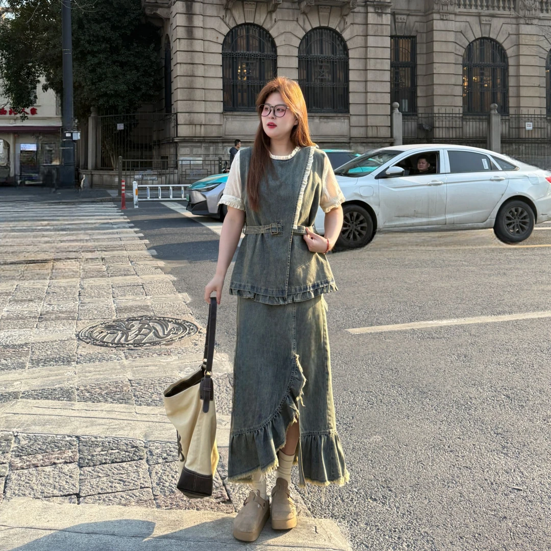 盈盈&南岛风大码拼接假两件牛仔衬衫上衣胖mm春夏半裙套装ZYY1531