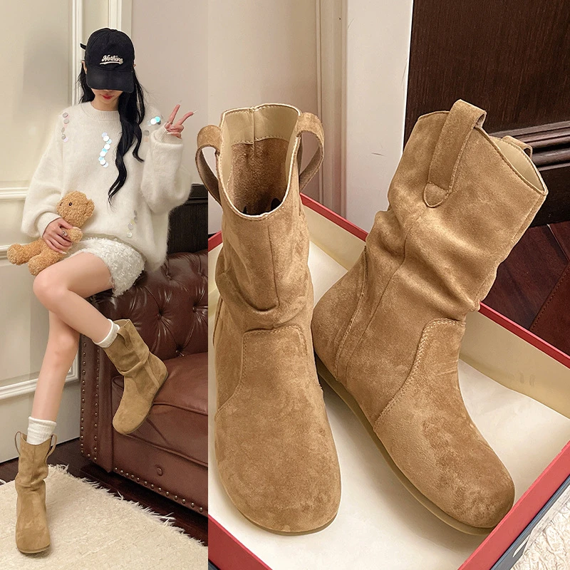 小个子厚底内增高3cm韩版加薄绒二棉褶皱短靴美拉德套筒堆堆靴冬