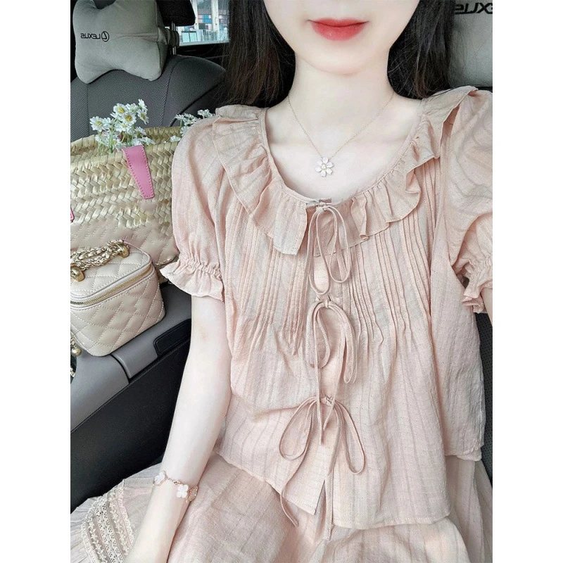 法式复古甜美短袖娃娃领衬衫女夏季高腰显瘦温柔风半身裙两件套装