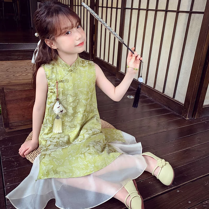 女童新中式旗袍裙子女孩背心裙夏季洋气儿童装国风汉服连衣裙薄款