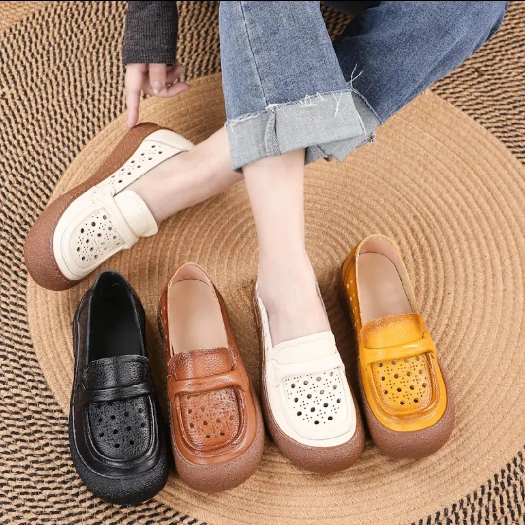 头层牛皮舒适防滑洞洞皮鞋软底真皮女凉鞋一脚蹬休闲透气夏季单鞋