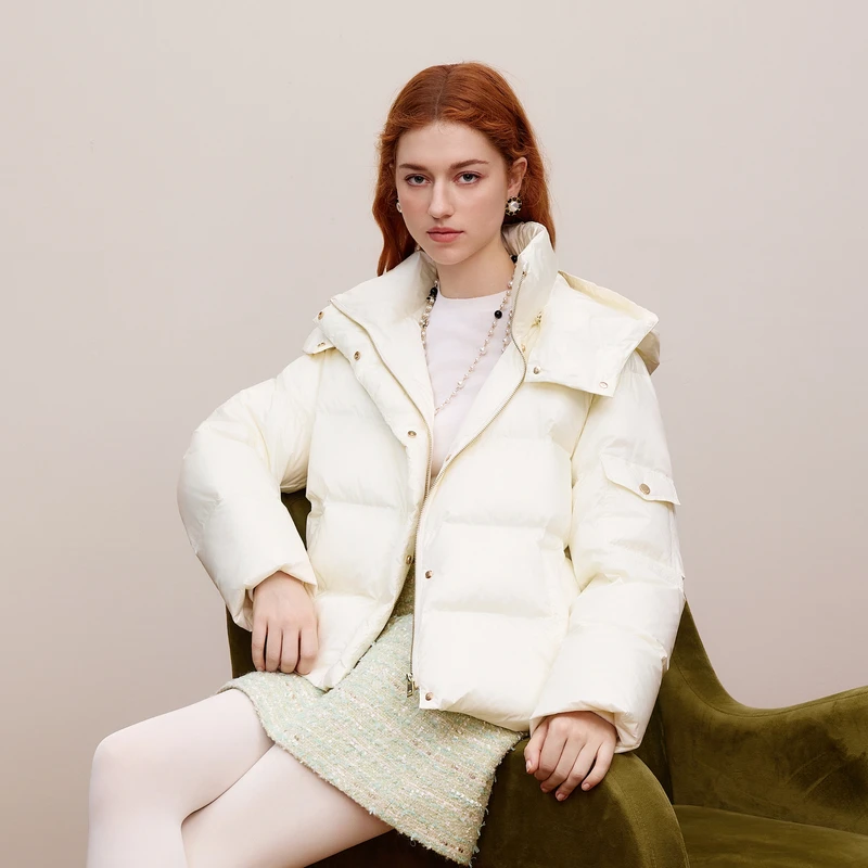 朗姿/莱茵冬季连帽羽绒服短款冬日必备百搭米白色LDGD8COHC905
