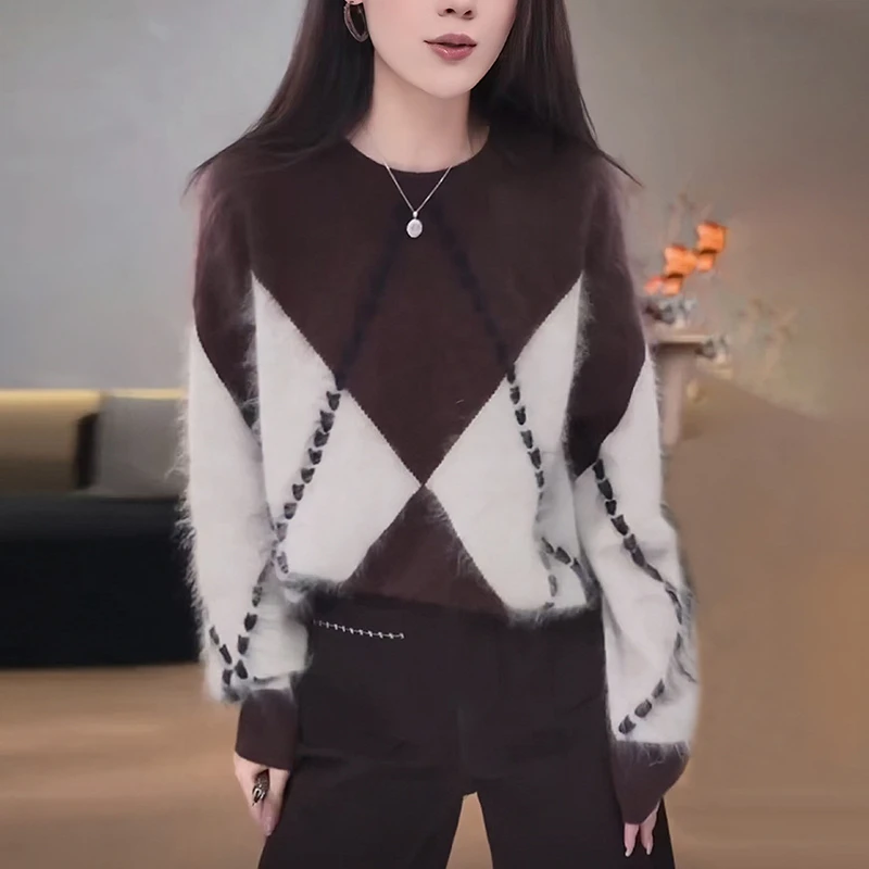 秋冬女咖色菱格毛衣慵懒风软糯宽松显瘦洋气内搭打底针织衫上衣