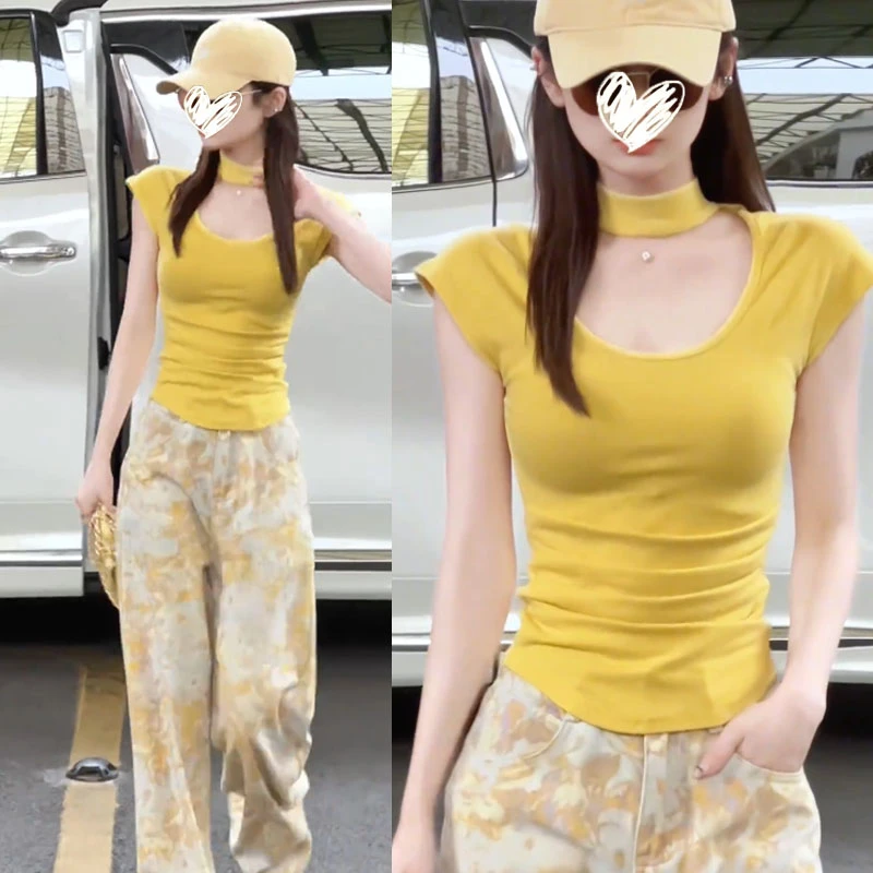 明星同款黄色镂空短袖女2025夏新款修身显瘦设计感贵气轻奢上衣潮