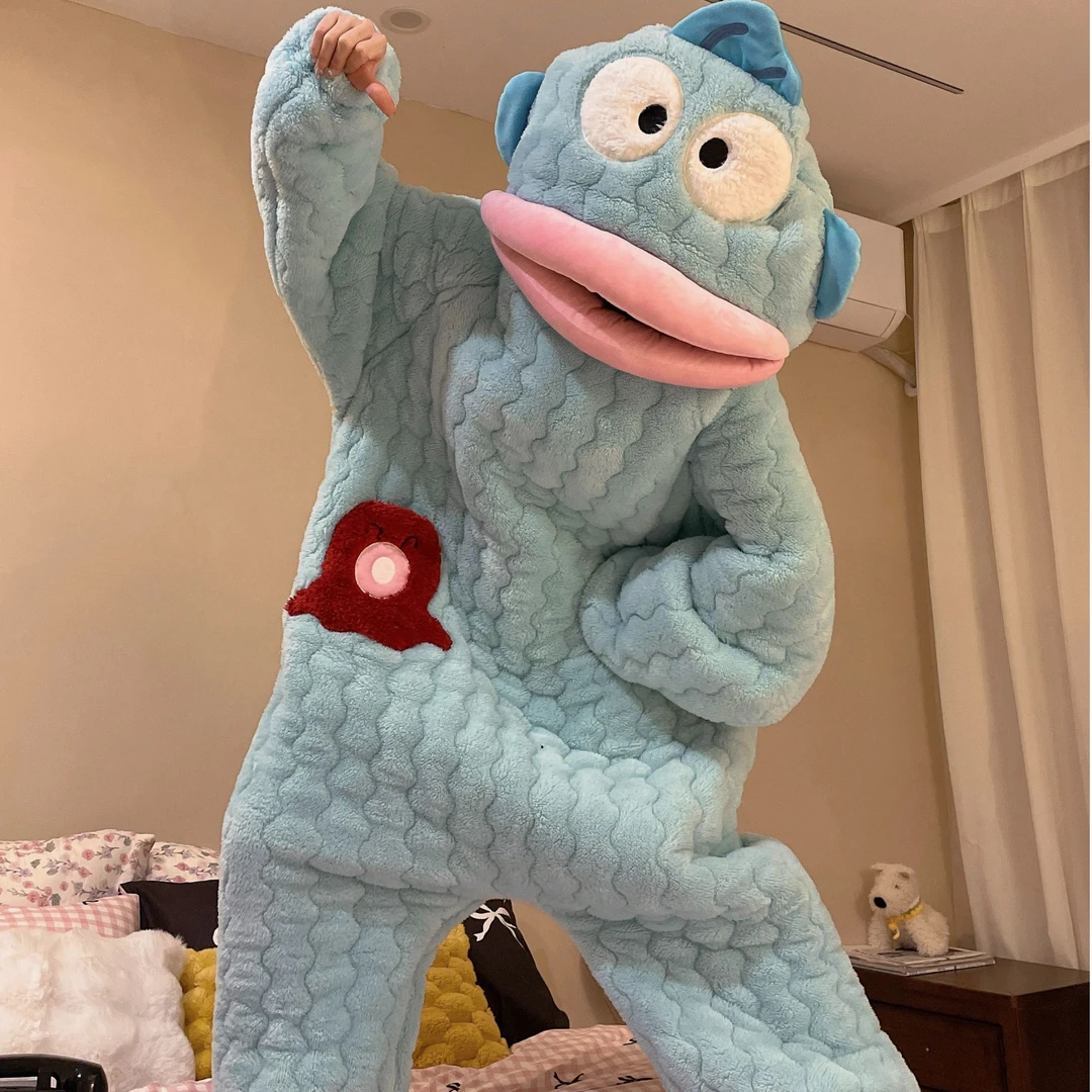 三层夹棉丑鱼连体睡衣冬季珊瑚绒加厚绒卡通搞怪可外穿家居服爆款