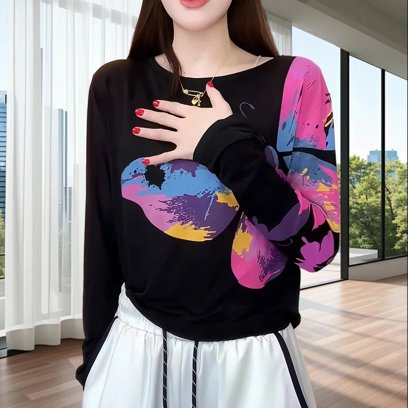 夏季速干显瘦长袖t恤女ins新款蝴蝶宽松减龄休闲显瘦户外防晒上衣