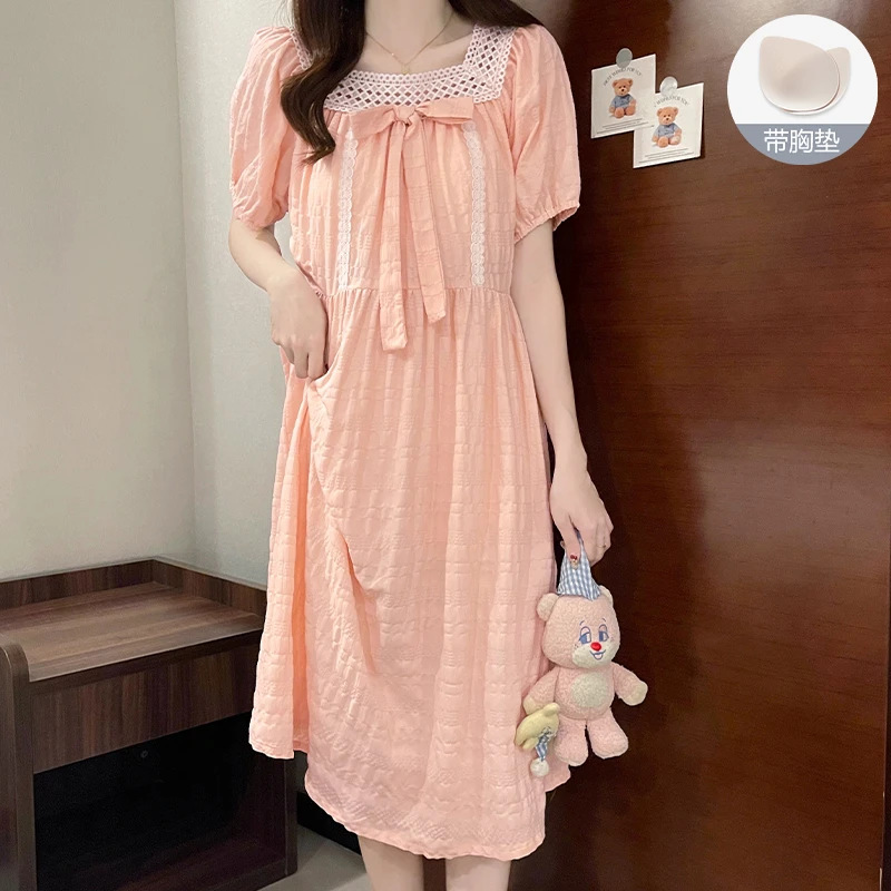 夏季新款带胸垫公主风短袖甜美睡裙女士薄款休闲可外穿家居服睡衣