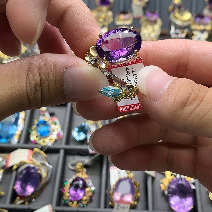 银S925镀金镶嵌戒指水晶