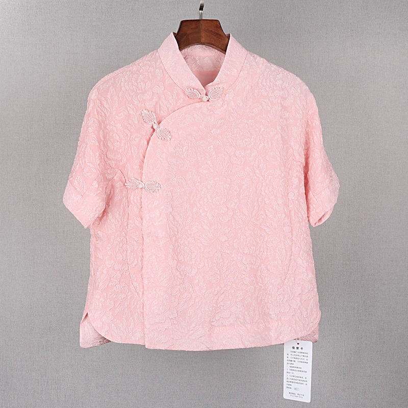 201#混纺立领短袖上衣女新中式复古