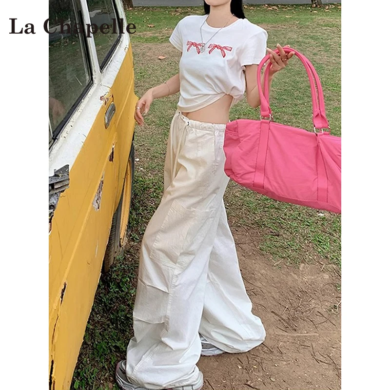 拉夏贝尔白色美式阔腿工装裤女夏季2025新款高腰小个子宽松束脚裤
