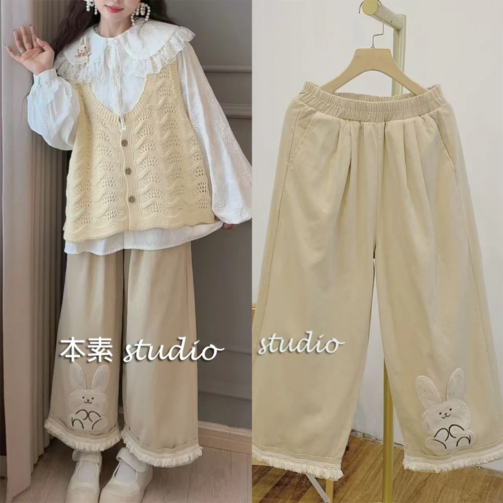 兔子裤C3186小兔子蕾丝翻边松紧腰宽松休闲裤