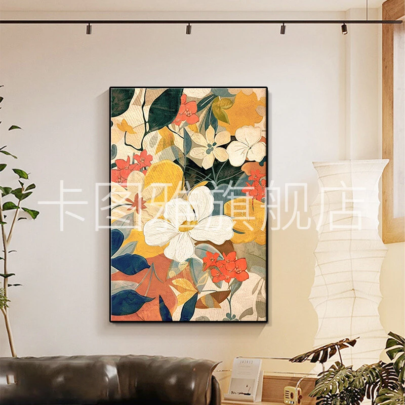 中古风客厅装饰画法式复古抽象花卉沙发落地挂画高级肌理玄关壁画
