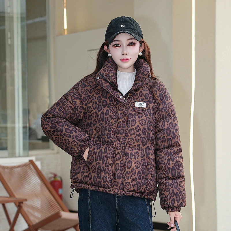 短款豹纹棉服女冬季2025新款小个子减龄爆款女款棉袄加厚保暖外套
