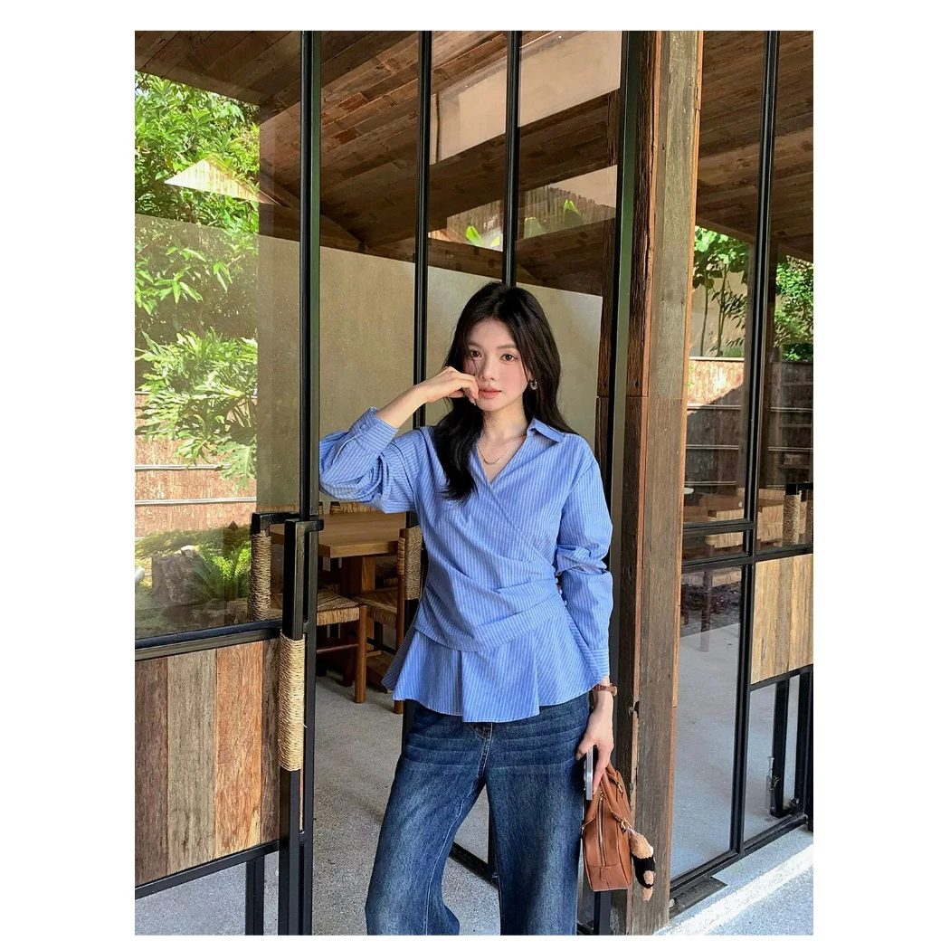 0170微胖女装秋季新款百搭收腰显瘦衬衫胖MM长袖小衫条纹上衣8322