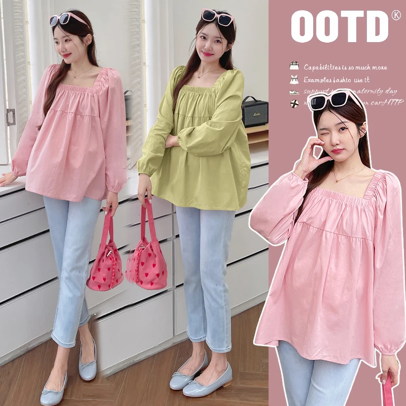 孕妇上衣春季2024新款方领减龄长袖衬衫韩系泡泡袖宽松孕妇娃娃衫