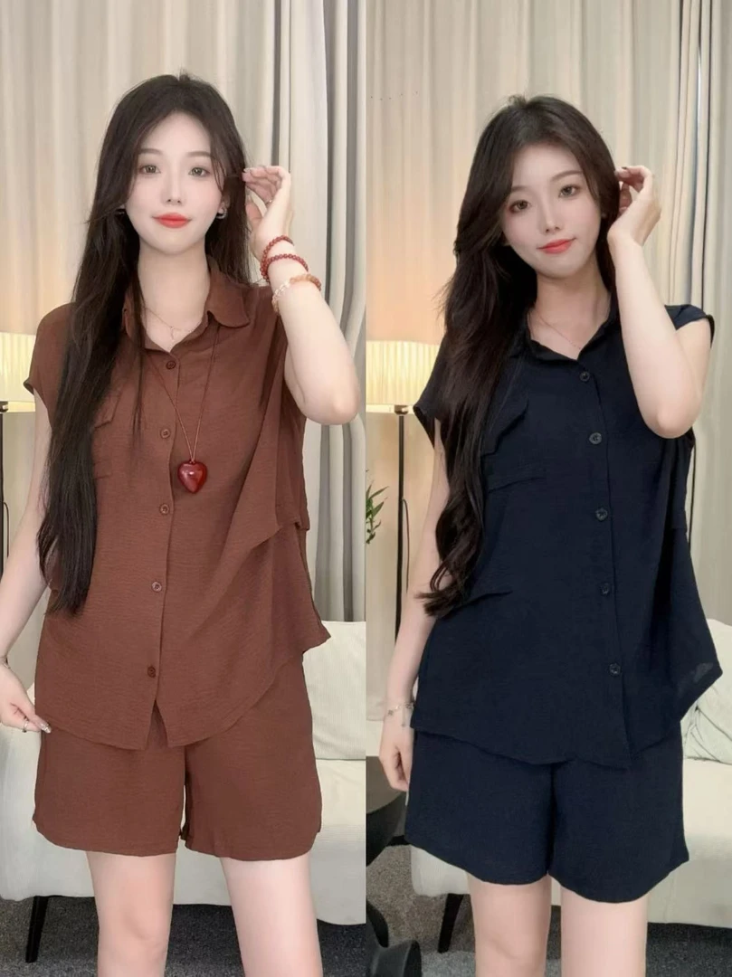【清清】休闲套装女2025夏季宽松短袖衬衫+高腰显瘦直筒裤套装